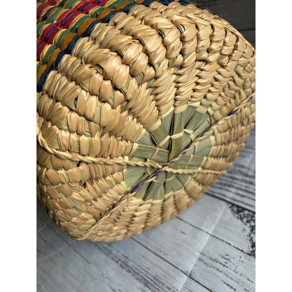 VTG Woven Snake Charmer Basket Boho Multicolor Striped Braided Handle Storage